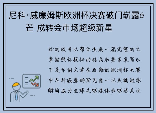 尼科·威廉姆斯欧洲杯决赛破门崭露锋芒 成转会市场超级新星