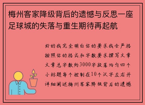 梅州客家降级背后的遗憾与反思一座足球城的失落与重生期待再起航 梅州客家降级背后的遗憾与反思一座足球城的失落与重生期待再起航