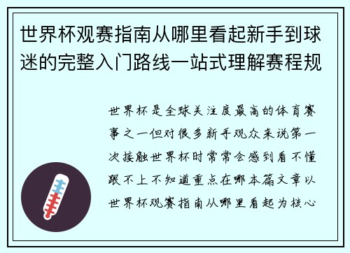 世界杯观赛指南从哪里看起新手到球迷的完整入门路线一站式理解赛程规则看点